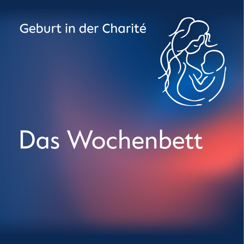 Ein Visual mit dem Namen des Podcasts-Formats "Geburt in der Charité" und dem Titel der Folge "Das Wochenbett". Oben rechts ist eine Mutter mit ihrem Baby im Arm zu sehen.