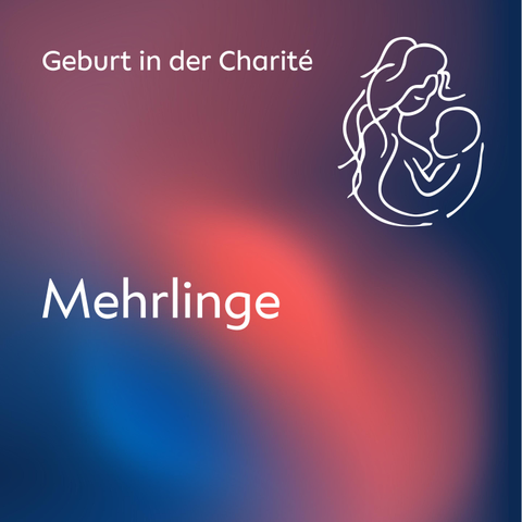 Grafik mit dem Text „Geburt in der Charité – Mehrlinge“ auf einem rot-blau-violetten Hintergrund. Rechts oben ist eine weiße Zeichnung einer Mutter mit zwei Kindern zu sehen.