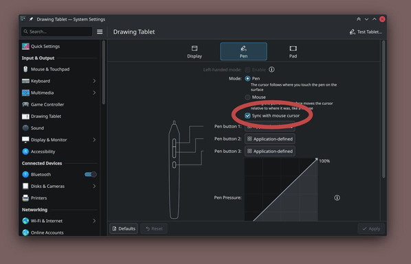 Screenshot of the KDE Plasma 6.7 Drawing Tablet settings. It looks near identical to previous versions, except with a new setting that I highlighted called "Sync with mouse cursor".