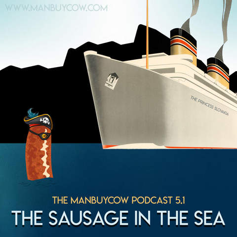 The artwork for the podcast episode. On the right is a cruise liner called The Princess Slovakia. On the left, floating upright in the sea, is a sausage wearing an eye patch and pirate hat. I'm not sure why the sausage is dressed as a pirate - it has nothing to do with the episode. My co-creator, Howard, does the artwork -  so you'd have to ask him