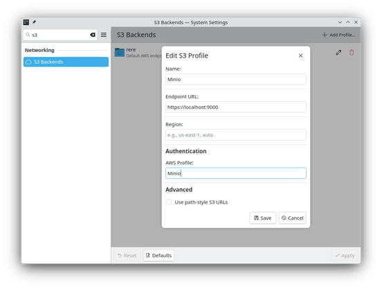 Screenshot of the configuration page of KIO-S3