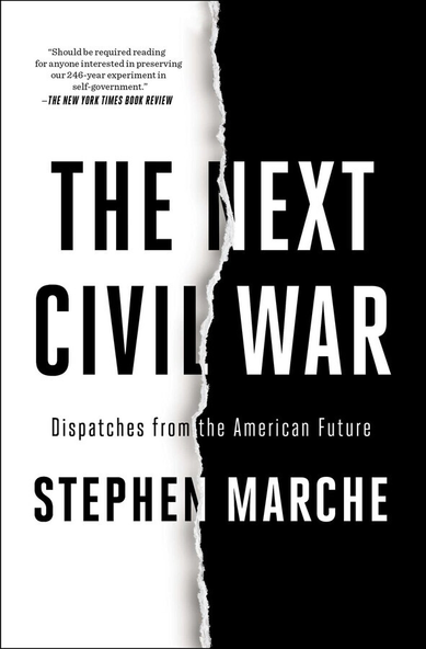 Book cover in black and white, devided by a vertical rupture in the middle, the left being black on white, the right being white on black.

Caption:
"The Next Civil War

Dispatches from the American Future

By Stephen Marche

About The Book

“Should be required reading for anyone interested in preserving our 246-year experiment in self-government.” —The New York Times Book Review * “Well researched and eloquently presented.” —The Atlantic * “Delivers Cormac McCarthy-worthy drama; while the nonfictional asides imbue that drama with the authority of documentary.” —The New York Times Book Review

A celebrated journalist takes a fiercely divided America and imagines five chilling scenarios that lead to its collapse, based on in-depth interviews with experts of all kinds.

The United States is coming to an end. The only question is how."

Source:

https://www.simonandschuster.com/books/The-Next-Civil-War/Stephen-Marche/9781982123222

