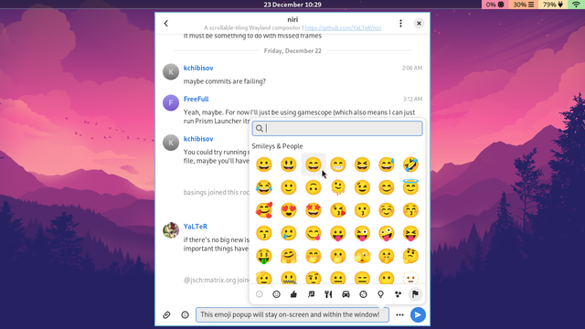 Fractal open in niri, showing an emoji popup within its window.