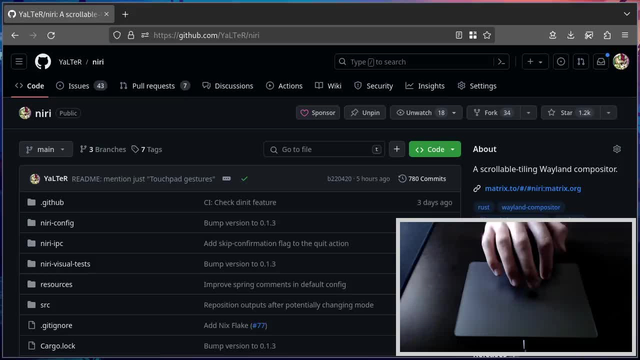 Showcasing gestures in niri. Windows and workspaces moving horizontally and vertically, and there's a webcam feed of me doing the gestures on my Magic TrackPad 2 at the bottom right.