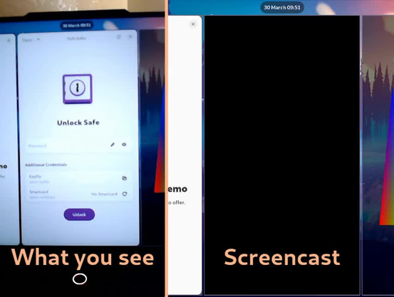 On the left is a webcam recording of the screen with the Secrets app window visible, on the right is a screencast recording of the same with the Secrets window replaced with a black rectangle.