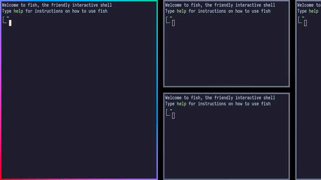 Niri showing a few terminals with an Oklch gradient border and inner without outer gaps.