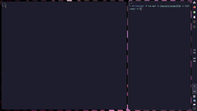 Showcasing wf-recorder working in niri. Pay attention to the log on the right: new frames only come in when something inside the region is redrawn.