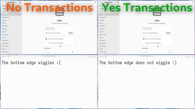 Resize transactions showcase in niri. On the left, without transactions, the windows don't add up to monitor height when resizing. On the right, with transactions, they always add up to monitor height.