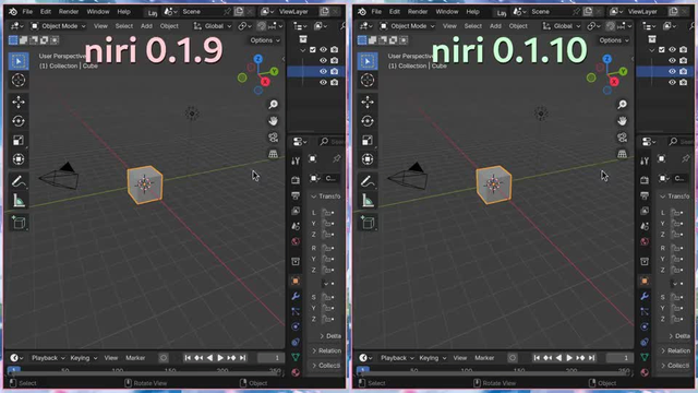Moving the view in Blender in niri 0.1.9 vs. 0.1.10, where on 0.1.9 the pointer is teleported into its original spot upon release.