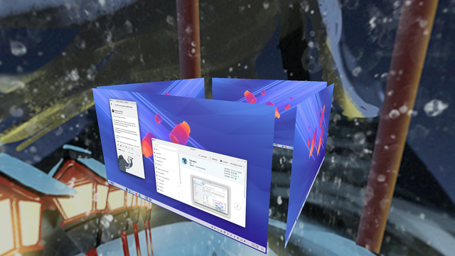 A view of the KDE Plasma Cube with 4 virtual desktops. No windows are open on the other three desktops visible on the cube, but the main one has a window open with Tokodon and KDE Discover.