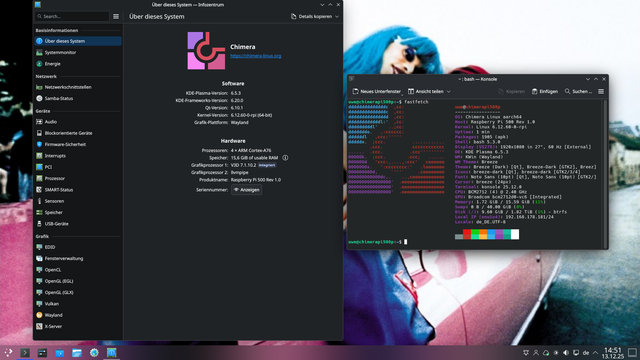 Screenshot of my KDE Plasma Desktop showing 2 windows one with the KDE About the System, the other one a console with the output of fastfetch running on a Raspberry Pi 500 Plus with Chimera Linux