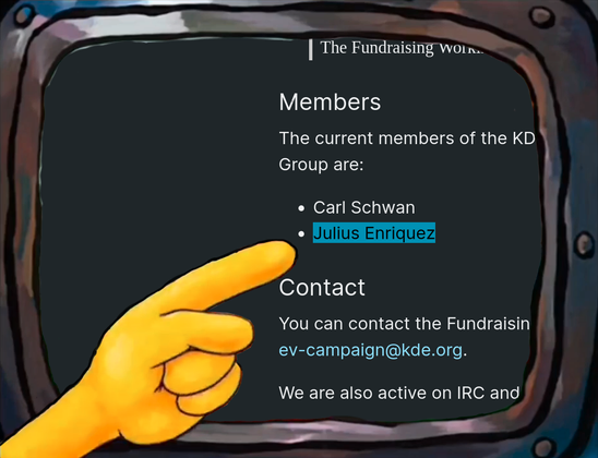 A yellow hand points to a metal TV showing the KDE Fundraising Working Group, with the name "Julius Enriquez" highlighted in blue below Carl Schwan.