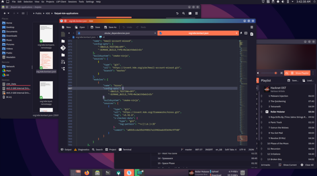 Dolphin, Kate, and Elisa running with the Nostrum global theme with its bright orange accent colour, dark purple window background, and rainbow strip titlebars