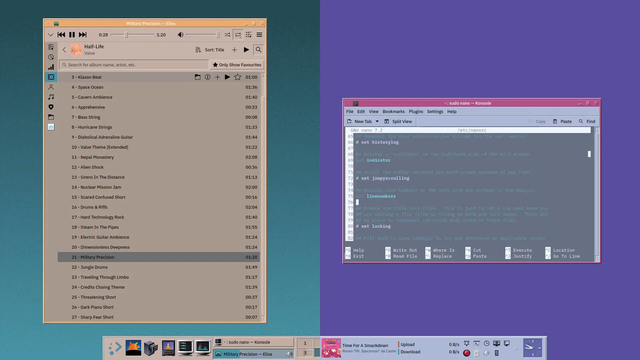 Elisa and Konsole running with the Commonality theme series (regular and Sol), in a two-way split image