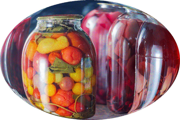 Distorted view of *something* in canning jars.