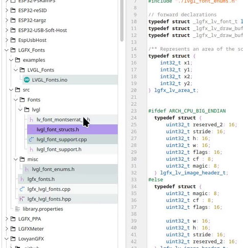 Capture of KDE Kate editor exhibiting a shameful bug, where an attempt to move a file "lvg_font_structs.h" to a distant folder by renaming it "../../misc/lvg_font_structs.h" ends up in having Kate misdrawing the tree with two ".." parent folders, apparently ignoring how a relative path is resolved.