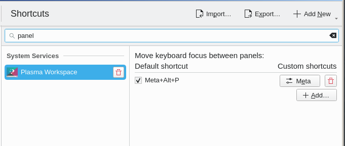 My current workaround:
KDE Shortcut settings dialog,
the custom shortcut for "Move keyboard focus between panels" is configured to "Meta"