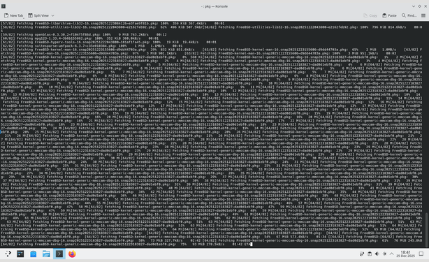 Screenshot: a warped view of pkg fetching packages for FreeBSD-base, FreeBSD-ports, and FreeBSD-ports-kmods