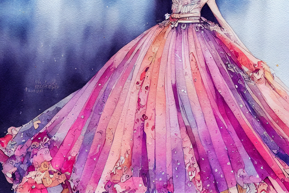 a watercolor painting of a flowing pink and purple skirt