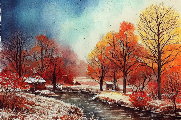 a watercolor painting of an autumn forest river
