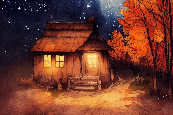 a cozy cabin lit up at night