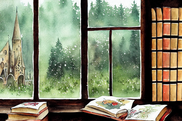 books on a windowsill, rain on the windowpanes, castle outside