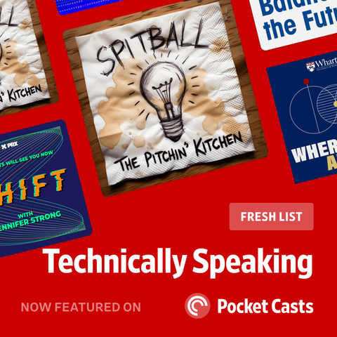 A bright red infographic highlighting the new fresh List on Pocket Casts called "Technically Speaking", featuring the podcast album art for Spitball front and center in a grid with other shows from that list