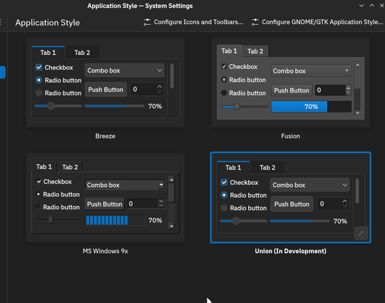 Screenshot of application style selection with Union (In Development) version enabled.