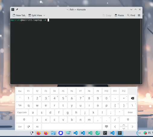 Screenshot showing plasma-morekeys (on-screen keyboard with a full keyboard layout) working with a terminal.