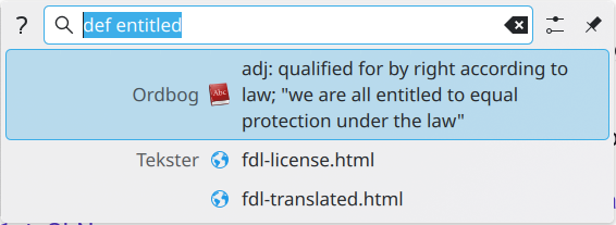 Screenshot of krunner, a small search utility in Plasma Desktop  showing the definition of "entitled" from dict.org