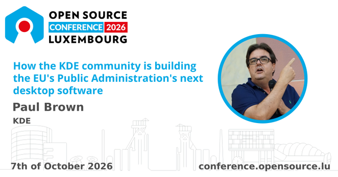 A card showing the title of my talk:

"How the KDE community is building the EU's Public Administration's next
desktop software"

And my ugly mug trapped in a circle on the right,