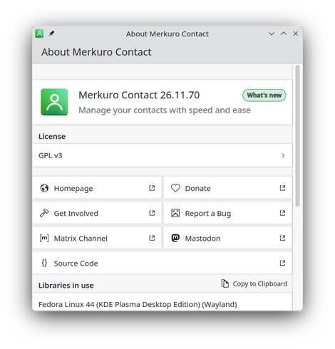 Screenshot of the about page of merkuro contact showing some of the new improvements from Kirigami Addons