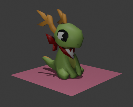 low-poly plushie of a green dragon Konqi in a sitting pose, wearing the usual scarf with a big white letter "K"

its design is somewhere in the middle between the official plushie and the original character sheet