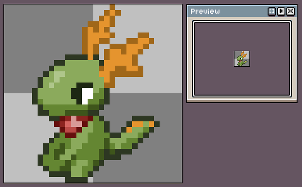 32 by 32 pixel icon of the Konqi plushie, in a zoomed-in and a one-to-one view
